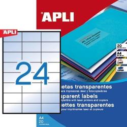 APLI No. 01224 átlátszó 70 x 37 mm méretű, lézernyomtatóval nyomtatható, öntapadós időjárásálló etikett címke, permanens ragasztóval A4-es íven - kiszerelés: 480 címke / 20 ív (LCA1224)