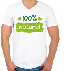 printfashion 100% natural felirat - Férfi V-nyakú póló - Fehér (1039400)