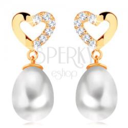 Ekszer Eshop Gyémánt fülbevaló 14K sárga aranyból - szív körvonal gyémántokkal, ovális alakú gyöngy
