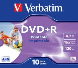 Verbatim DVD+R VERBATIM 4.7 GB, 120 min, viteza 16x, Single Layer, carcasa, printabil, "Wide Inkjet Printable", 10 buc/set