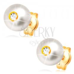 Ekszer Eshop 14K arany fülbevaló - krémszínű gyöngy csillogó átlátszó cirkóniával, 6 mm