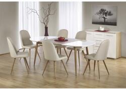 HM Set masa living extensibila HM Edward, blat MDF, structura metalica, ovala, 120-200x100x75 cm alb stejar si 4 scaune HM K214, piele ecologica, 100 kg, bej (S1750,1774x4)