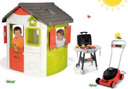 Smoby Set căsuţă Neo Jura Lodge cu două uşi Smoby și bucătărie Barbecue Grill cu maşină de tuns iarba de la 24 luni (SM810500-35) Casuta pentru copii