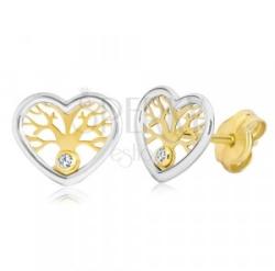 Ekszer Eshop 585 arany fülbevaló - kétszínű szív, életfa motívummal és cirkóniával