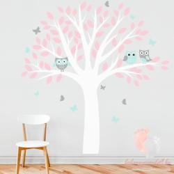 Yokodesign Design falmatrica - Pasztell baglyok fehér fával rózsaszín levelekkel (DK067)
