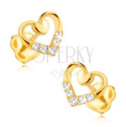 Ekszer Eshop Gyémánt fülbevaló 14K aranyból - szív körvonal kisebb teli szívvel és gyémántokkal
