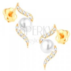 Ekszer Eshop 585 sárga arany fülbevaló - spirális gyémántokból és középen gyöngy