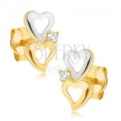 Ekszer Eshop 14K arany fülbevaló - kétszínű szív körvonalak, csillogó átlátszó gyémánt