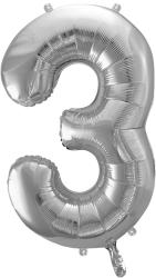 PartyDeco S. r. o 3. szám, fólia lufi, 86 cm, ezüst