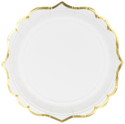 PartyDeco Papír tányér, fehér, arany szegéllyel, 18.5 cm 6 db/cs
