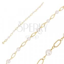 Ekszer Eshop 585 sárga arany karkötő - fehér gömbölyű gyöngy, ovális láncszemek vésetekkel