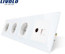 LIVOLO Priza cvadrupla Livolo cu rama din sticla 3 prize simple+TV/internet