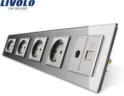 LIVOLO Priza cvintupla + priza TV Internet Livolo cu rama din sticla - culoare gri