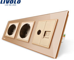 LIVOLO Priza tripla Livolo cu rama din sticla 2 prize simple+TV/internet - culoare auriu