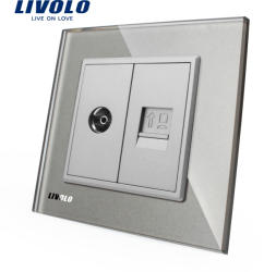 LIVOLO Priza dubla TV + priza internet Livolo cu rama din sticla - culoare gri