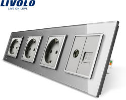 LIVOLO Priza cvadrupla Livolo cu rama din sticla 3 prize simple+TV/internet - culoare gri