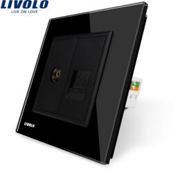LIVOLO Priza dubla TV + priza internet Livolo cu rama din sticla - culoare negru