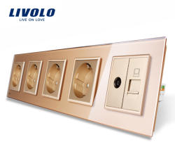 LIVOLO Priza cvintupla + priza TV Internet Livolo cu rama din sticla - culoare auriu