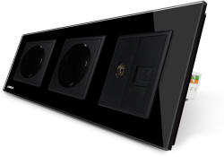 LIVOLO Priza tripla Livolo cu rama din sticla 2 prize simple+TV/internet - culoare negru