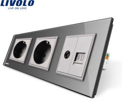 LIVOLO Priza tripla Livolo cu rama din sticla 2 prize simple+TV/internet - culoare gri