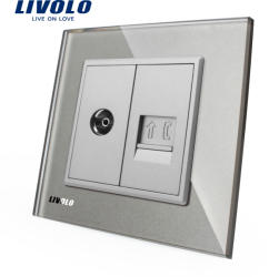 LIVOLO Priza dubla TV + Telefon Livolo cu rama din sticla - culoare gri