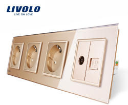 LIVOLO Priza cvadrupla Livolo cu rama din sticla 3 prize simple+TV/internet - culoare auriu