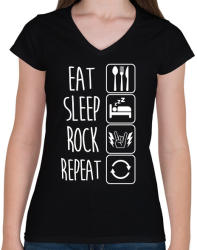 printfashion Eat Sleep Rock Repeat - Női V-nyakú póló - Fekete (1324205)