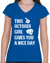 printfashion Ez a októberi csaj szép napot kíván neked - Női V-nyakú póló - Királykék (1415927)