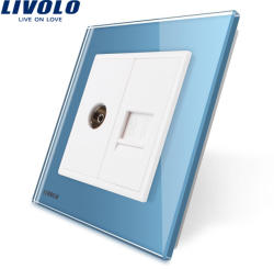 LIVOLO Priza dubla TV + Telefon Livolo cu rama din sticla - culoare albastru