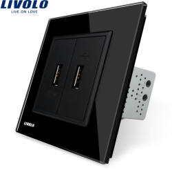 LIVOLO Priza dubla USB Livolo cu rama din sticla - culoare negru