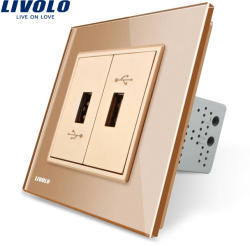 LIVOLO Priza dubla USB Livolo cu rama din sticla - culoare auriu