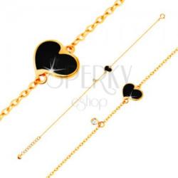 Ekszer Eshop 585 arany karkötő - fekete fénymázas szabálytalan szív és átlátszó cirkónia, vékony lánc, 180 mm