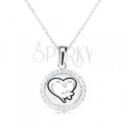 Ekszer Eshop 925 ezüst nyaklánc - kör medál szívvel és virággal, vékony lánc