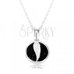Ekszer Eshop 925 ezüst nyaklánc - fényes kör, angyal szárny, fekete színű márvány fénymáz