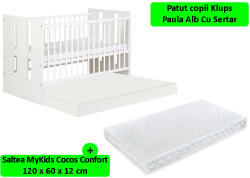 Klups Patut Cu Sertar Klups Paula Alb + Saltea 12 Mykids - bekid
