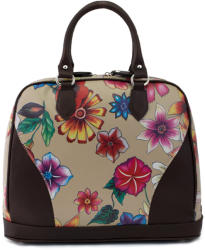 Manier Geanta piele maro/crem cu imprimeu floral GF477