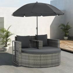 vidaXL Canapea de grădină cu 2 locuri cu perne & umbrelă gri poliratan (44478)