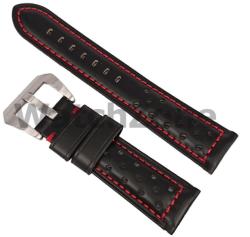  Curea de Ceas din Piele Neagră - Cusătură Roșie - 20/22/24 mm - Piele de Vițel - Cataramă Oțel Inoxidabil (WZ835)