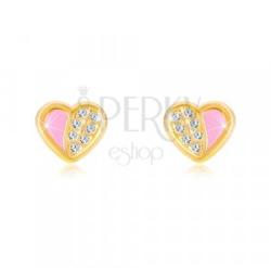 Ekszer Eshop 14K arany fülbevaló - szimmetrikus szív cirkóniával, rózsaszín fénymáz
