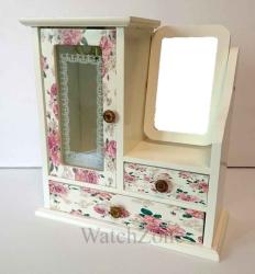 WatchBox Casetă Bijuterii din Lemn Sarah Jane - Vintage cu Imprimeu Floral - Oglindă Inclusă (WZ1497)