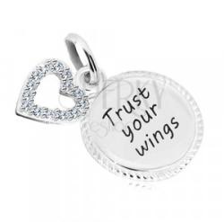 Ekszer Eshop 925 ezüst medál - kör " Trust your wings" felirattal, szív cirkóniákkal