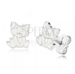 Ekszer Eshop 925 ezüst fülbevaló - ülő cica, részletes kidolgozás fehér fénymázas felület