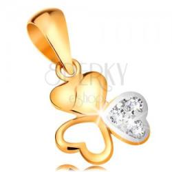 Ekszer Eshop Kétszínű 585 arany medál - csillogó háromlevelű lóhere összekapcsolt szívekből