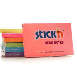STICK'N Notes autoadeziv 76x127 mm, 100 file, STICK'N Neon
