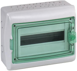  Schneider 13432 Kaedra vízálló kiselosztók 18 modul, 1 sor, átlátszó zöld ajtóval, IP65, falon kívüli (13432)