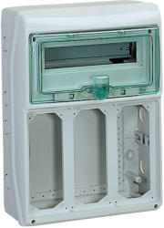  Schneider 13187 Kaedra vízálló kiselosztók 13 modul, 1 sor, 3 db 103x225 mm-es níylással, átlátszó zöld ajtóval, IP65, falon kívüli (13187)