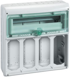  Schneider 13188 Kaedra vízálló kiselosztók 19 modul, 1 sor, 4 db 103x225 mm-es níylással, átlátszó zöld ajtóval, IP65, falon kívüli (13188)