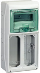 Schneider 13186 Kaedra vízálló kiselosztók 8 modul, 1 sor, 2 db 103x225 mm-es níylással, átlátszó zöld ajtóval, IP65, falon kívüli (13186)