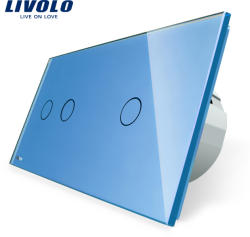 LIVOLO Intrerupator dublu + simplu cu touch Livolo din sticla - culoare albastru