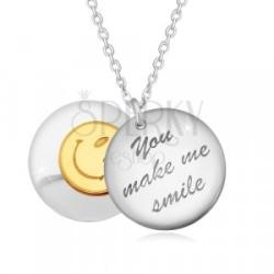 Ekszer Eshop 925 ezüst nyaklánc - két domború kör, " You make me smile" felirat, smiley